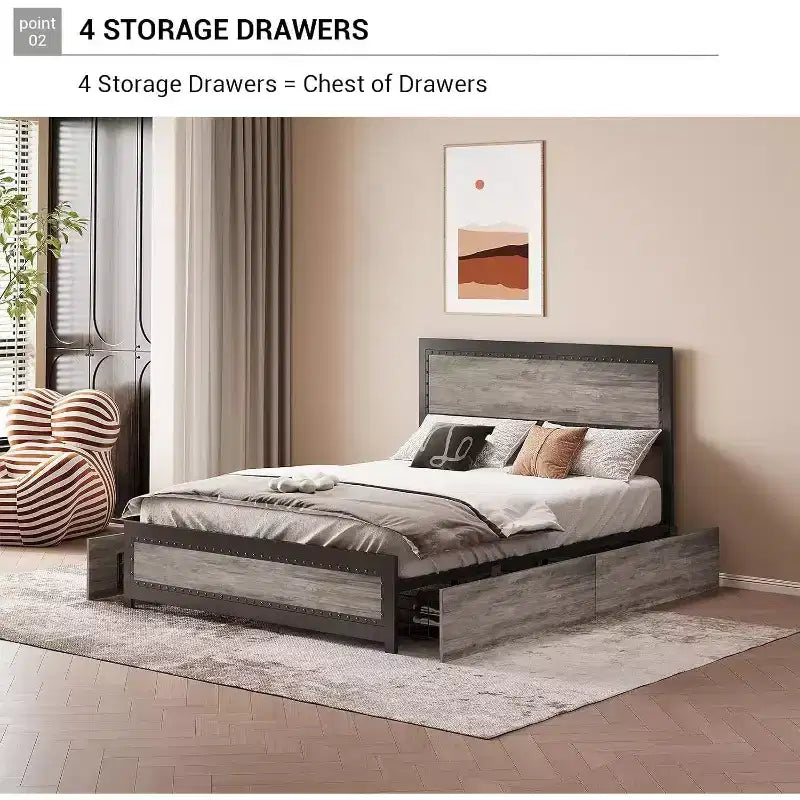 Struttura letto matrimoniale Acekool Queen Size con quattro cassetti portaoggetti e stazione di ricarica, letto a piattaforma rivettato con testiera, supporto a doghe in metallo, grigio