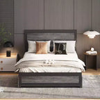Struttura letto matrimoniale Acekool Queen Size con quattro cassetti portaoggetti e stazione di ricarica, letto a piattaforma rivettato con testiera, supporto a doghe in metallo, grigio
