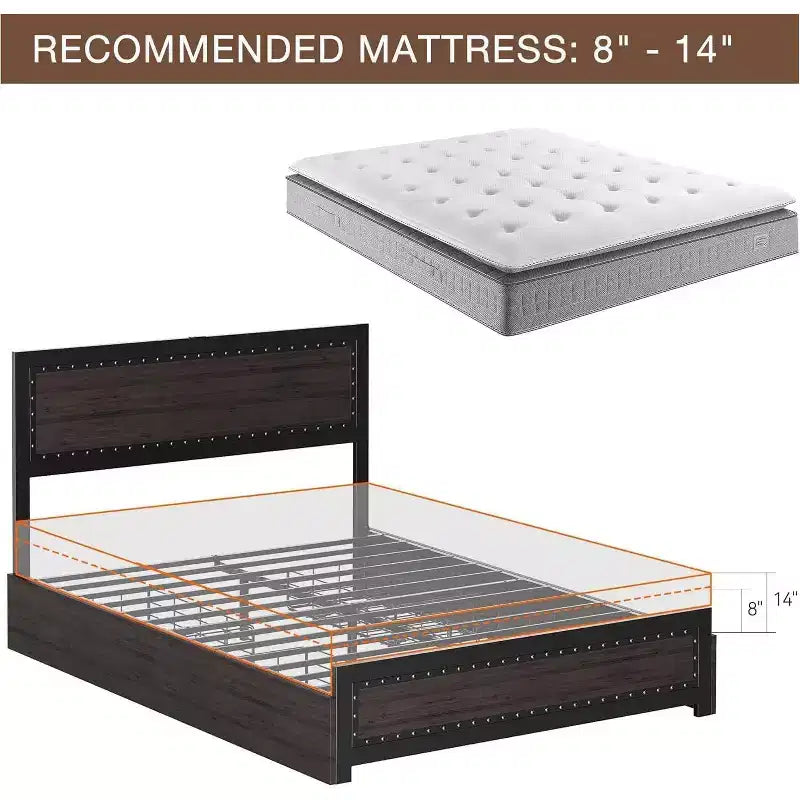 Struttura letto matrimoniale Acekool Queen Size con quattro cassetti portaoggetti e stazione di ricarica, letto a piattaforma rivettato con testiera, supporto a doghe in metallo, grigio