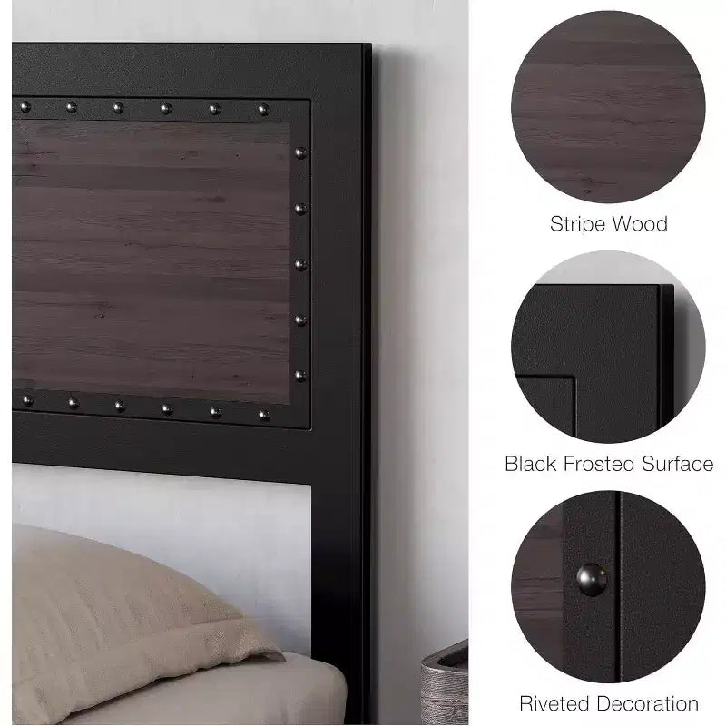Struttura letto matrimoniale Acekool Queen Size con quattro cassetti portaoggetti e stazione di ricarica, letto a piattaforma rivettato con testiera, supporto a doghe in metallo, grigio