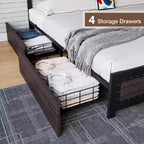 Struttura letto matrimoniale Acekool Queen Size con quattro cassetti portaoggetti e stazione di ricarica, letto a piattaforma rivettato con testiera, supporto a doghe in metallo, grigio