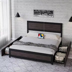 Struttura letto matrimoniale Acekool Queen Size con quattro cassetti portaoggetti e stazione di ricarica, letto a piattaforma rivettato con testiera, supporto a doghe in metallo, grigio