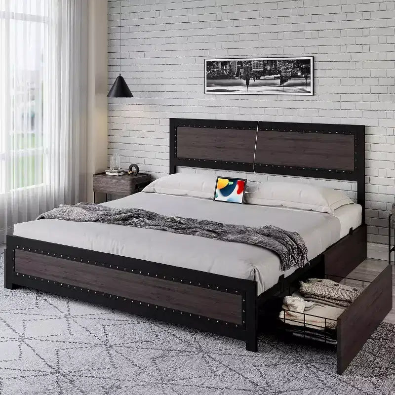 Acekool Queen Size Bed Frame with Four Storage Drawers & Charging Station, Riveted Platform Bed with Headboard, Metal Slat Support, Grey