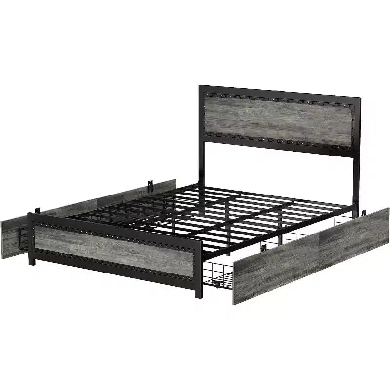 Struttura letto matrimoniale Acekool Queen Size con quattro cassetti portaoggetti e stazione di ricarica, letto a piattaforma rivettato con testiera, supporto a doghe in metallo, grigio