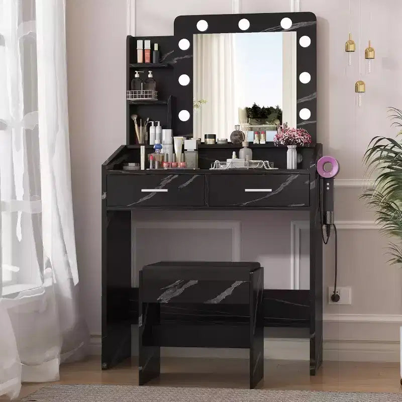 Vanity Desk with Mirror and Lights for Bedroom, Marble Black Modern Makeup Table with 2 Drawers