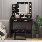 Toeletta con Specchio e Luci per Camera da Letto, Tavolo Trucco Moderno Nero Effetto Marmo con 2 Cassetti