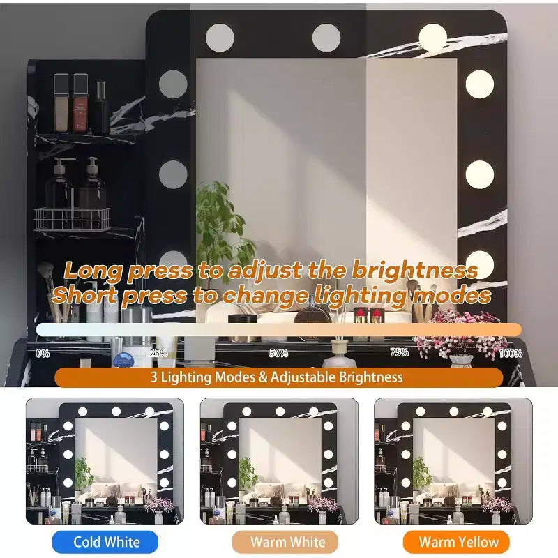 Toeletta con Specchio e Luci per Camera da Letto, Tavolo Trucco Moderno Nero Effetto Marmo con 2 Cassetti