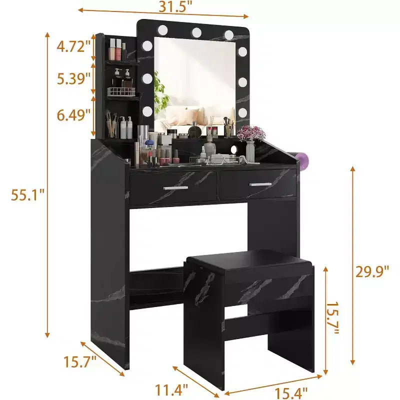 Toeletta con Specchio e Luci per Camera da Letto, Tavolo Trucco Moderno Nero Effetto Marmo con 2 Cassetti