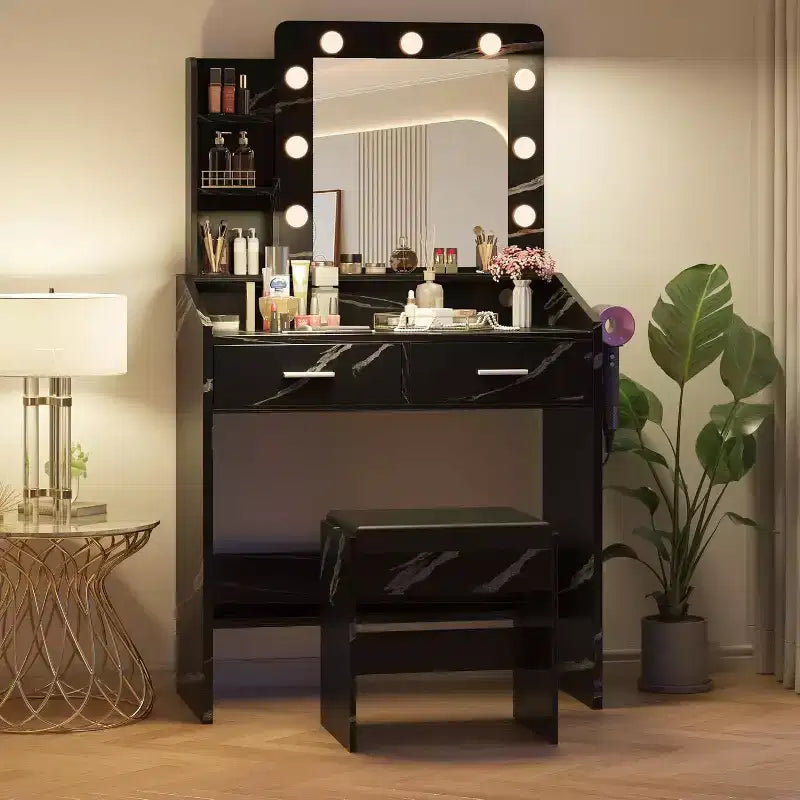 Toeletta con Specchio e Luci per Camera da Letto, Tavolo Trucco Moderno Nero Effetto Marmo con 2 Cassetti