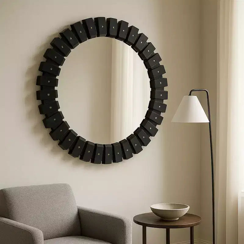 Decorative Large Round Marble Tile Mirror for Bedroom Decor - Contemporary Wall Mirror for Bathroom, Dorms, and Hallway Accent Decor - 35, Black