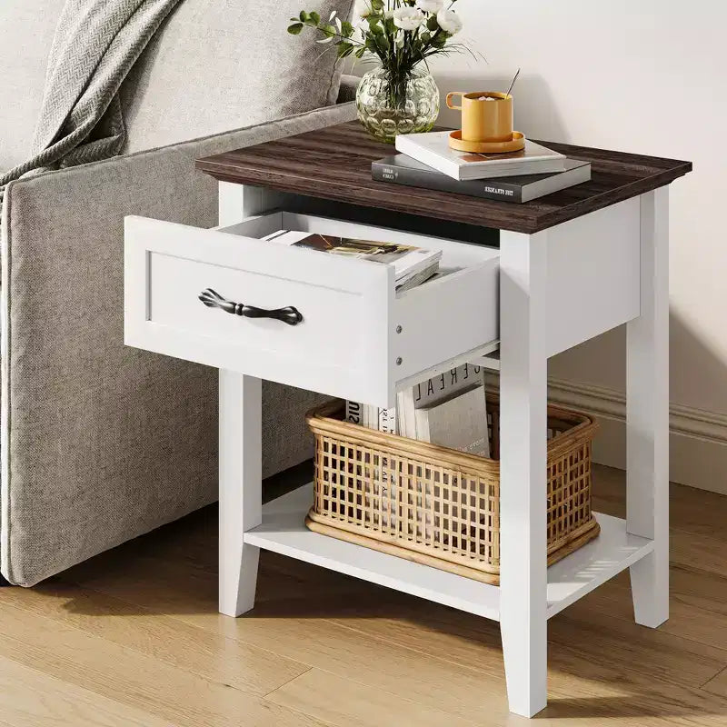 Comodino, tavolino versatile per camera da letto, comodino in legno con 1 cassetto e ripiano aperto, ufficio, divano, divanetto, piccoli spazi