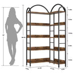 Libreria angolare a cinque ripiani a forma di L con mensole in legno e metallo. Unità espositiva salvaspazio adatta per soggiorni e camere da letto.