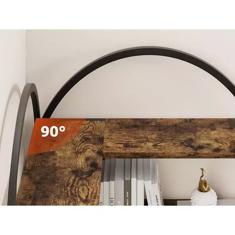 Libreria angolare a cinque ripiani a forma di L con mensole in legno e metallo. Unità espositiva salvaspazio adatta per soggiorni e camere da letto.