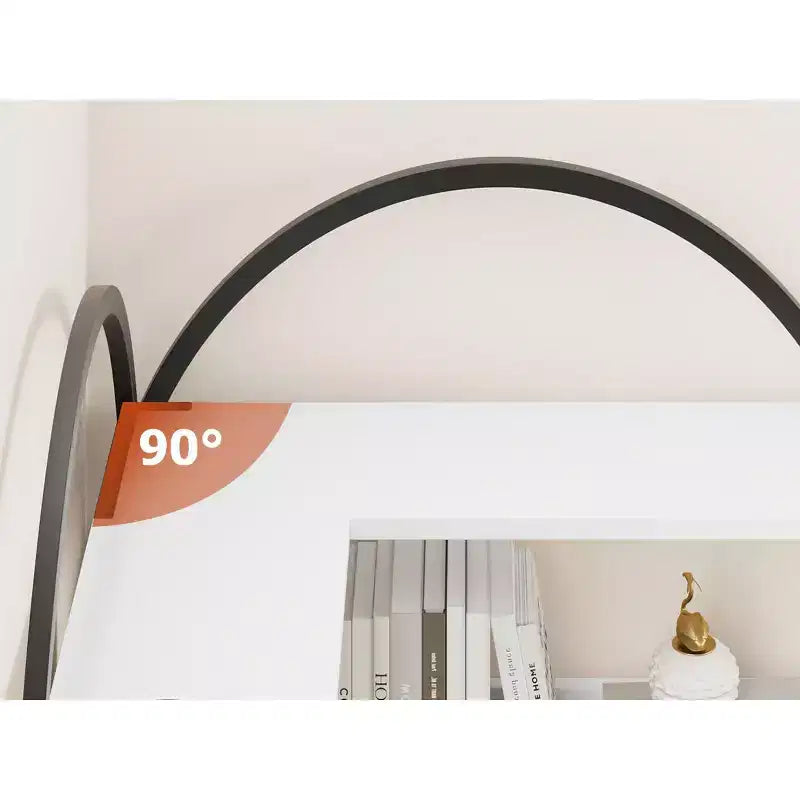 Libreria angolare a cinque ripiani a forma di L con mensole in legno e metallo. Unità espositiva salvaspazio adatta per soggiorni e camere da letto.