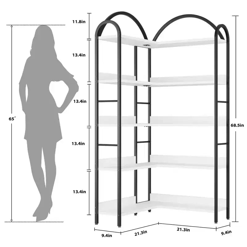Libreria angolare a cinque ripiani a forma di L con mensole in legno e metallo. Unità espositiva salvaspazio adatta per soggiorni e camere da letto.