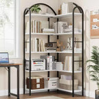 Libreria angolare a cinque ripiani a forma di L con mensole in legno e metallo. Unità espositiva salvaspazio adatta per soggiorni e camere da letto.
