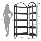 Libreria angolare a cinque ripiani a forma di L con mensole in legno e metallo. Unità espositiva salvaspazio adatta per soggiorni e camere da letto.