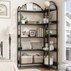 Libreria angolare a cinque ripiani a forma di L con mensole in legno e metallo. Unità espositiva salvaspazio adatta per soggiorni e camere da letto.