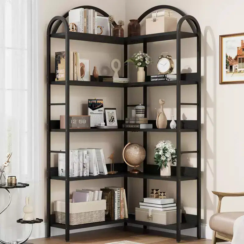 Five-tier L-shaped corner bookshelf with wood and metal storage shelves. Space-saving office display unit suitable for living rooms and bedrooms.