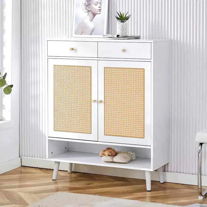 Storage rattan shoe cabinet with 2 drawers and bottom shelf, suitable for entryways, bedrooms, and living rooms.