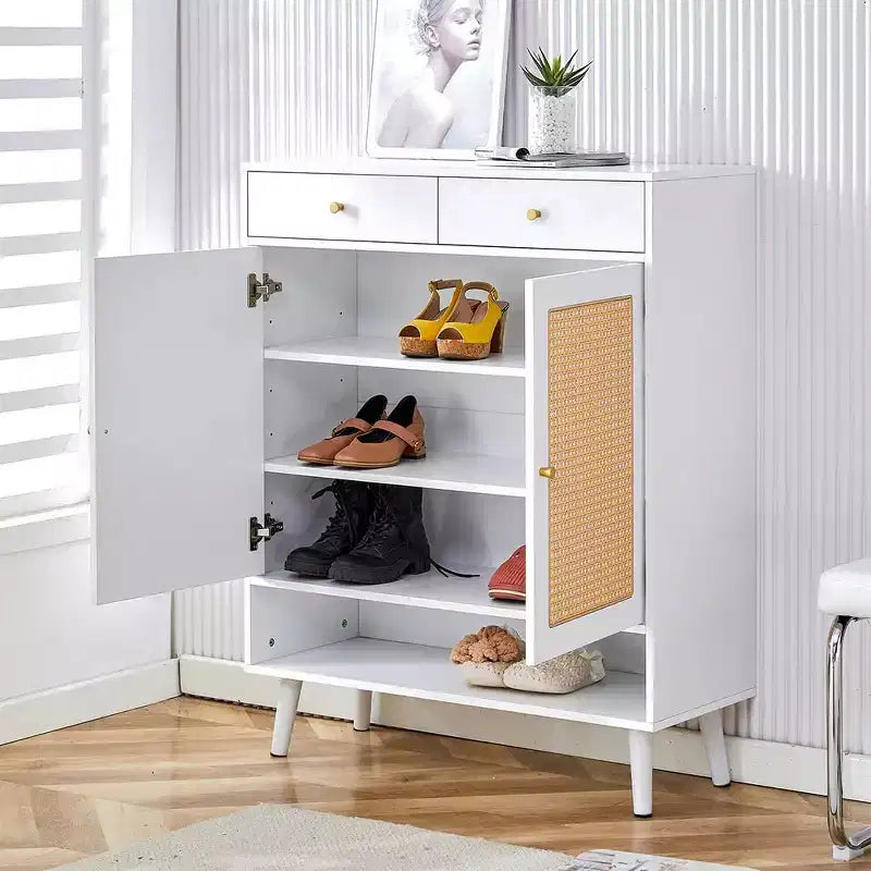 Scarpiera in rattan con 2 cassetti e ripiano inferiore, adatta per ingressi, camere da letto e soggiorni.