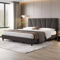 Adjustable King Size Bed Frame with Linen Upholstered Headboard, Sturdy Wooden Slats Platform Bed, No Box Spring Needed, Mattress Foundation Included