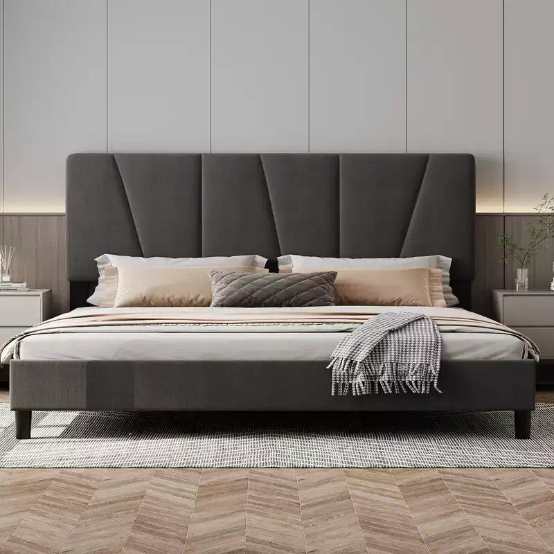 Struttura Letto Matrimoniale King Size Regolabile con Testiera Imbottita in Lino, Letto a Piattaforma Robusto con Doghe in Legno, Nessuna Rete a Molle Necessaria, Base Materasso Inclusa