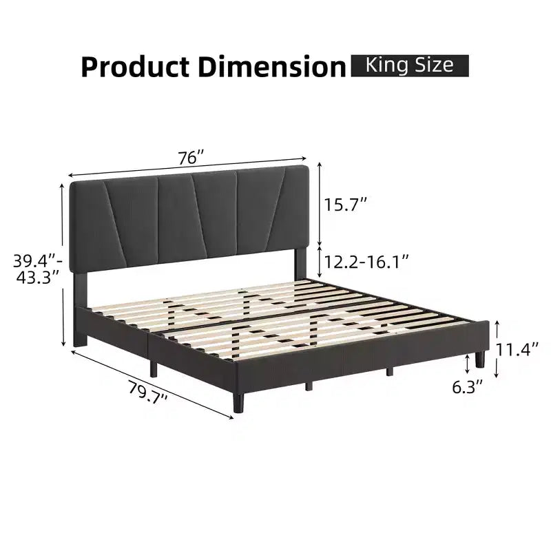 Struttura Letto Matrimoniale King Size Regolabile con Testiera Imbottita in Lino, Letto a Piattaforma Robusto con Doghe in Legno, Nessuna Rete a Molle Necessaria, Base Materasso Inclusa