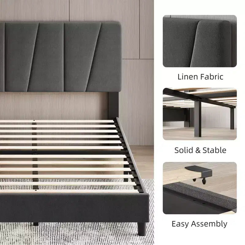 Struttura Letto Matrimoniale King Size Regolabile con Testiera Imbottita in Lino, Letto a Piattaforma Robusto con Doghe in Legno, Nessuna Rete a Molle Necessaria, Base Materasso Inclusa