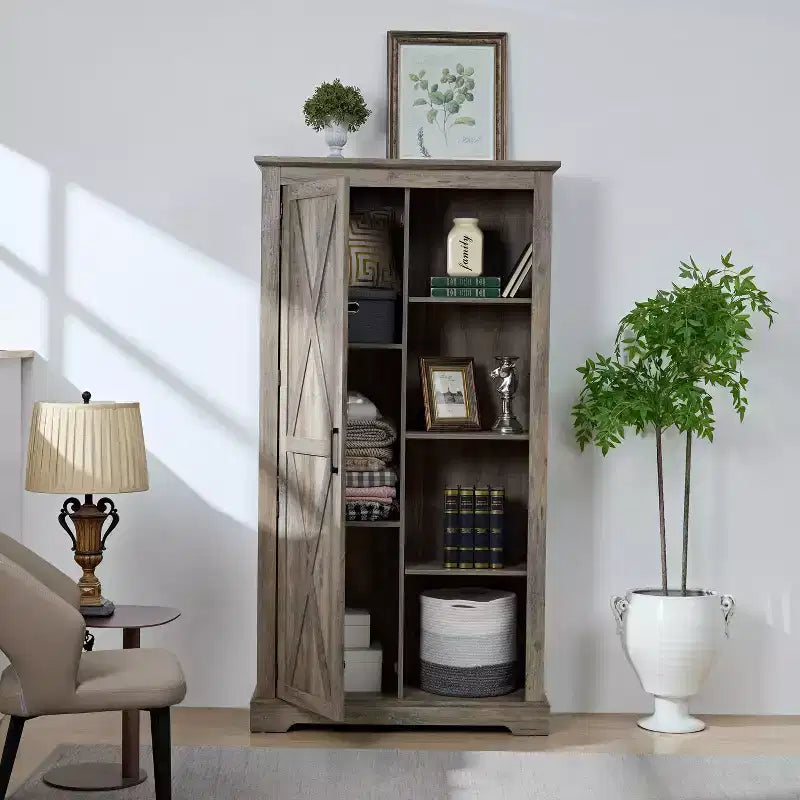 Mobile Contenitore Indipendente per Sala da Pranzo, Credenza con Ante a Granaio, Ripiani Aperti e Nascosti, Hardware di Qualità, Mobile Bar per Vini