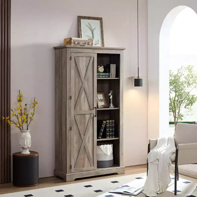 Mobile Contenitore Indipendente per Sala da Pranzo, Credenza con Ante a Granaio, Ripiani Aperti e Nascosti, Hardware di Qualità, Mobile Bar per Vini