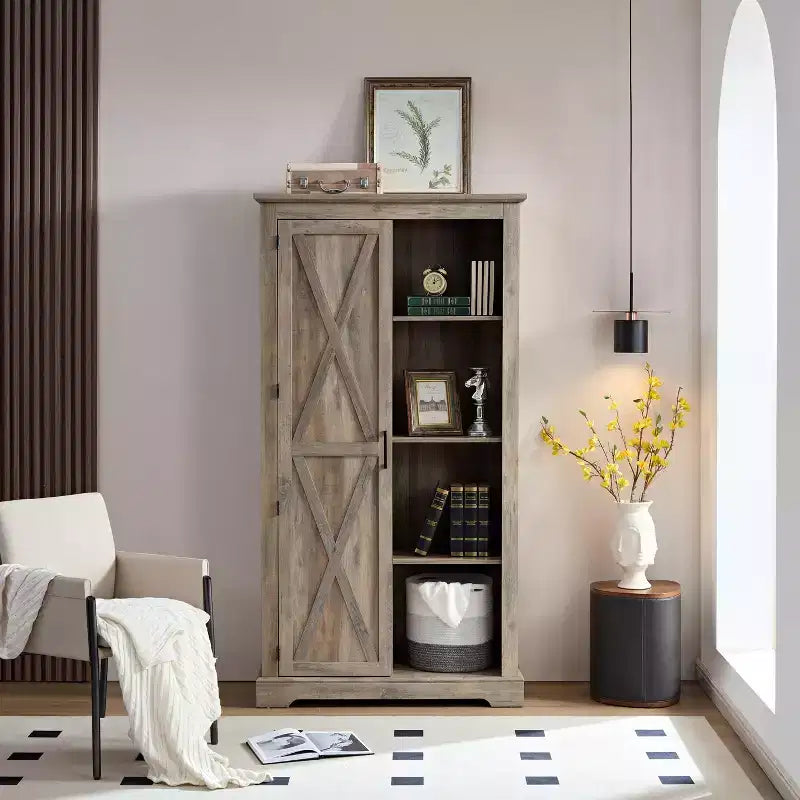 Mobile Contenitore Indipendente per Sala da Pranzo, Credenza con Ante a Granaio, Ripiani Aperti e Nascosti, Hardware di Qualità, Mobile Bar per Vini