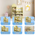 Libreria in legno per bambini con organizer, scaffale con 6 scomparti, 2 cesti e contenitori