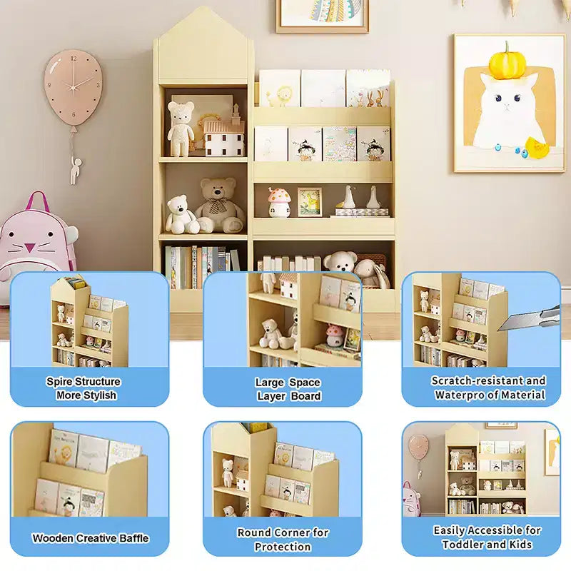 Libreria in legno per bambini con organizer, scaffale con 6 scomparti, 2 cesti e contenitori