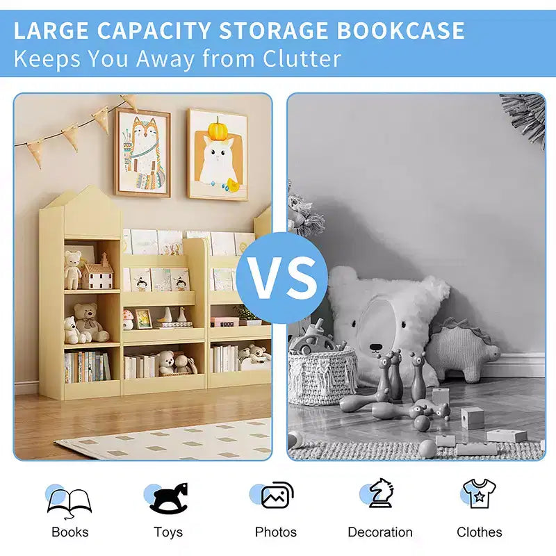 Libreria in legno per bambini con organizer, scaffale con 6 scomparti, 2 cesti e contenitori