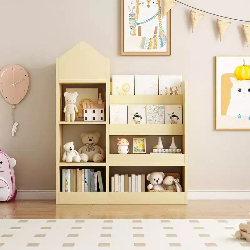 Wooden Bookshelf Storage Organizer with Bookcase, 's Bin Storage Unit with 6 Compartments 2 Baskets Bins Box Organizer