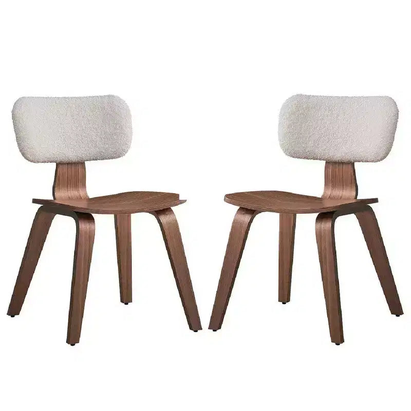 Royal Hampton 22 Inch Side Dining Chair Set of 2, Curved, White Boucle, Walnut Brown