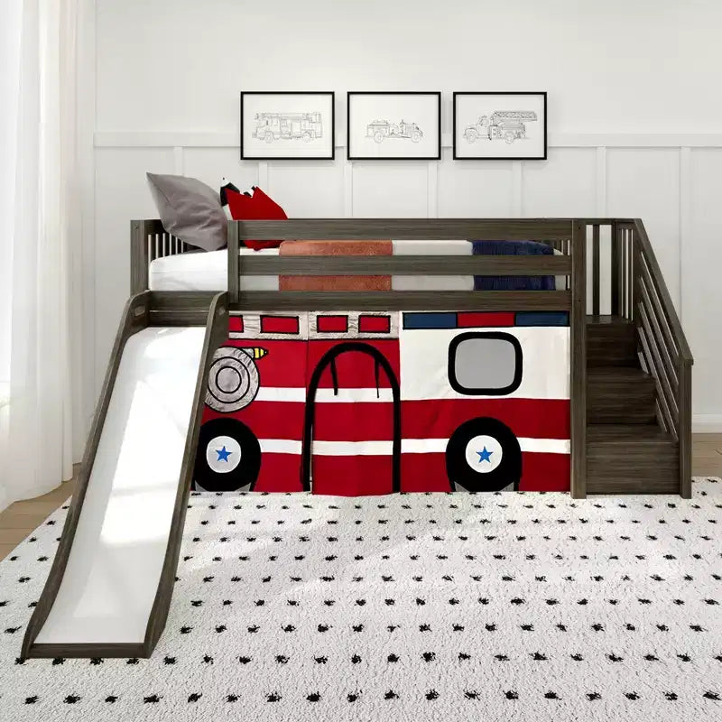 Letto a soppalco basso per ragazzi con scalini, scivolo facile e tenda dei pompieri