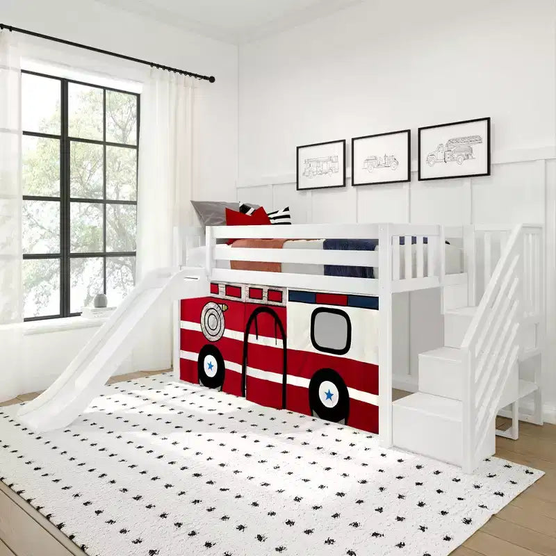 Twin Low Loft With Stairs, Easy Slide & Firetruck Curtain