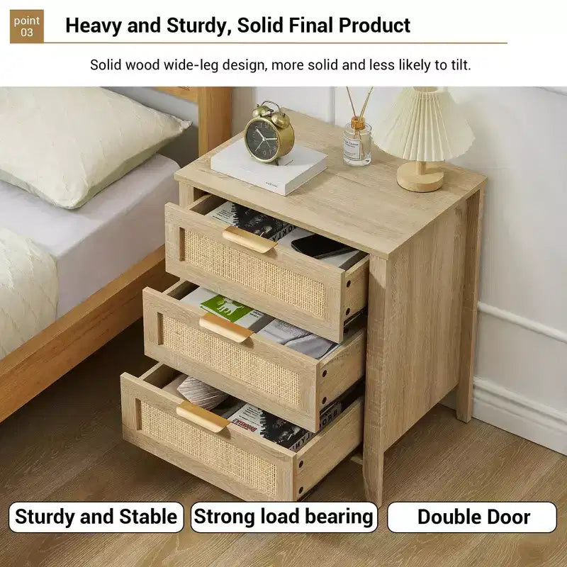 Comodino, Comò Moderno con Maniglia in Metallo e Gambe in Legno Massello, Cassettiera in Legno a 3 Cassetti, Tavolino da Notte Alto 63,5 cm, Camera da Letto, Soggiorno
