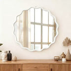 Specchio Decorativo Rotondo Ondulato da 30 Pollici con Cornice in Legno Massello Bianco, Per Camera da Letto, Bagno, Soggiorno, Ingresso