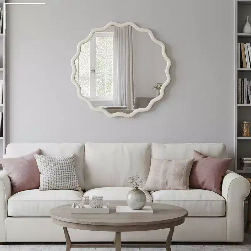 Specchio Decorativo Rotondo Ondulato da 30 Pollici con Cornice in Legno Massello Bianco, Per Camera da Letto, Bagno, Soggiorno, Ingresso