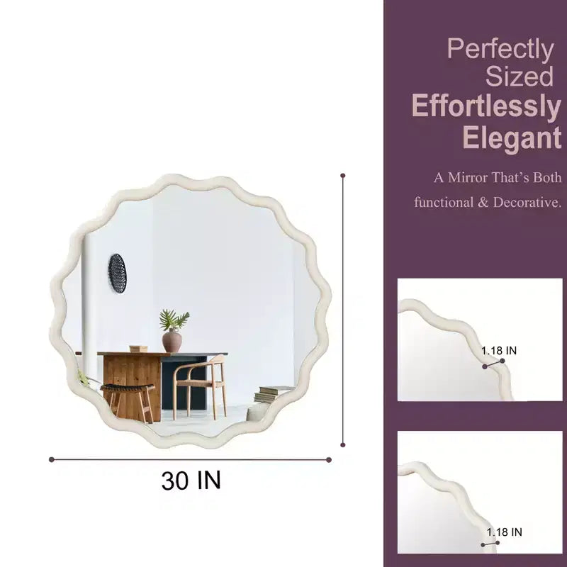 Specchio Decorativo Rotondo Ondulato da 30 Pollici con Cornice in Legno Massello Bianco, Per Camera da Letto, Bagno, Soggiorno, Ingresso