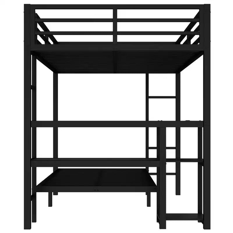 Bellemave Letto a castello full-over-twin con scrivania, luce LED e USB, robusta struttura in metallo, posizionamento multiplo, ripiani portaoggetti, certificazione di sicurezza CPC, nero
