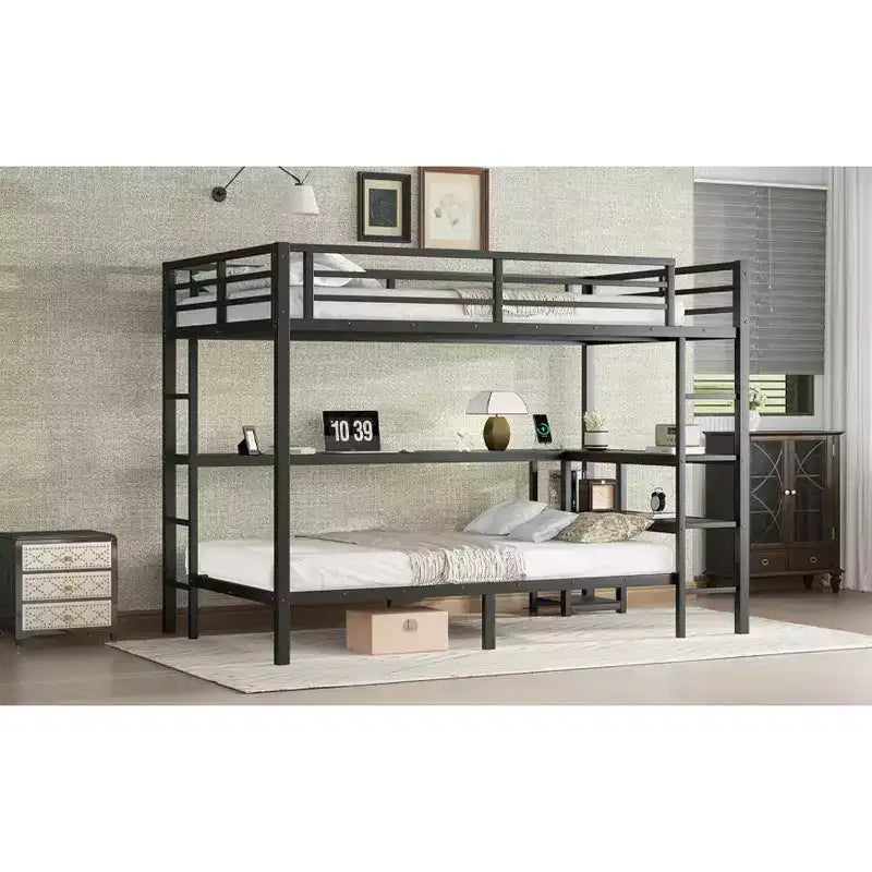 Bellemave Letto a castello full-over-twin con scrivania, luce LED e USB, robusta struttura in metallo, posizionamento multiplo, ripiani portaoggetti, certificazione di sicurezza CPC, nero