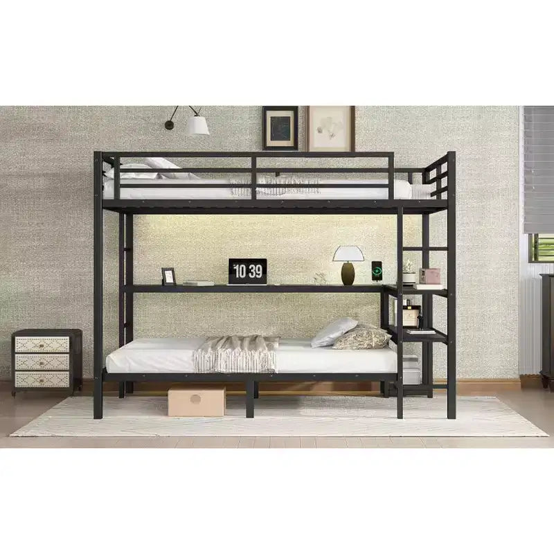 Bellemave Letto a castello full-over-twin con scrivania, luce LED e USB, robusta struttura in metallo, posizionamento multiplo, ripiani portaoggetti, certificazione di sicurezza CPC, nero