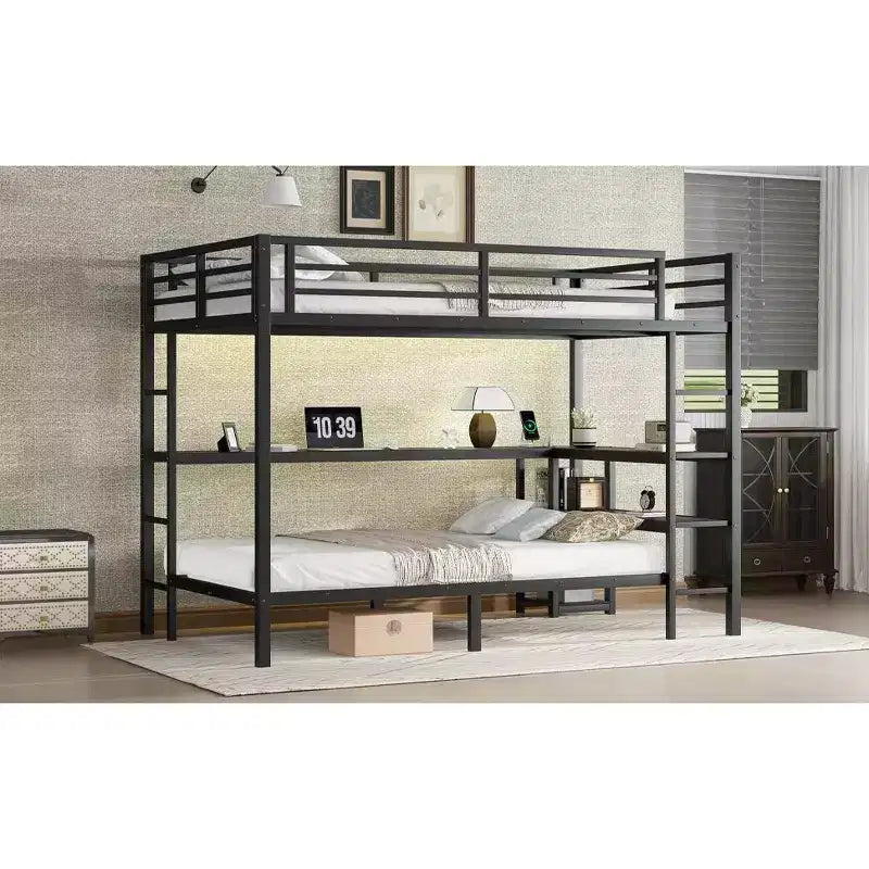 Bellemave Letto a castello full-over-twin con scrivania, luce LED e USB, robusta struttura in metallo, posizionamento multiplo, ripiani portaoggetti, certificazione di sicurezza CPC, nero