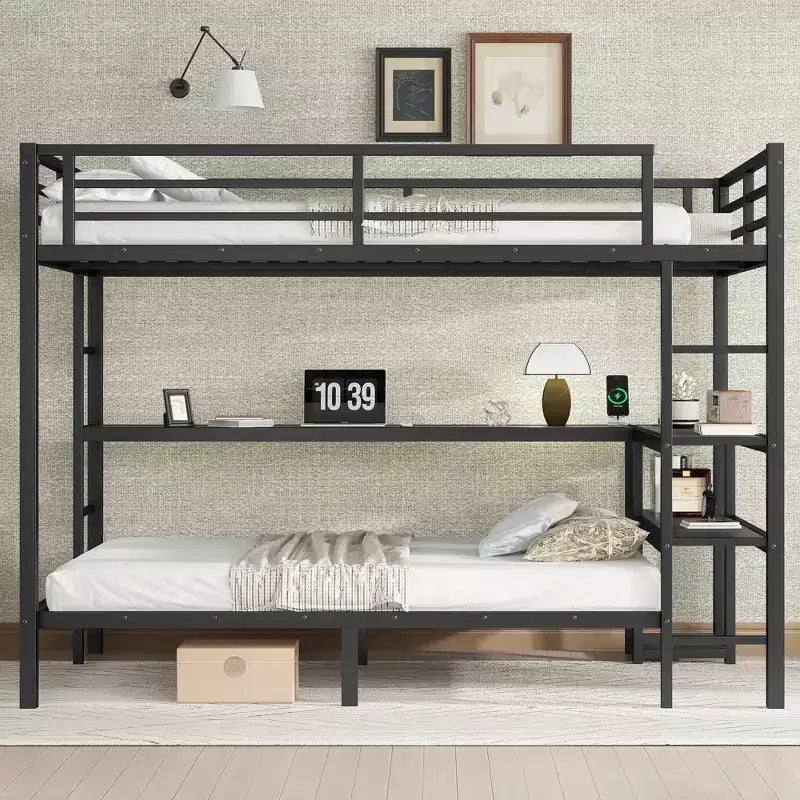 Bellemave Letto a castello full-over-twin con scrivania, luce LED e USB, robusta struttura in metallo, posizionamento multiplo, ripiani portaoggetti, certificazione di sicurezza CPC, nero