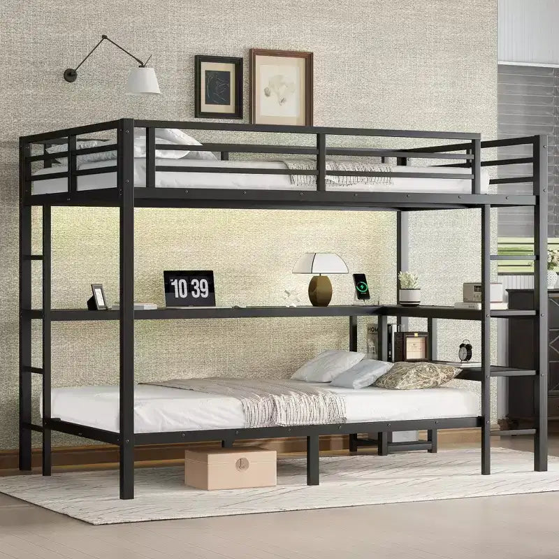 Bellemave Letto a castello full-over-twin con scrivania, luce LED e USB, robusta struttura in metallo, posizionamento multiplo, ripiani portaoggetti, certificazione di sicurezza CPC, nero