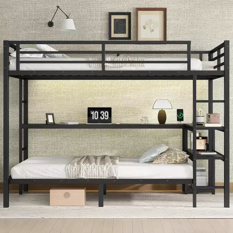 Bellemave Letto a castello full-over-twin con scrivania, luce LED e USB, robusta struttura in metallo, posizionamento multiplo, ripiani portaoggetti, certificazione di sicurezza CPC, nero
